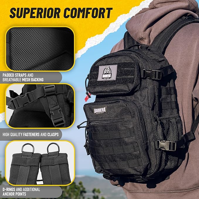 25 L Tactical Backpack: durable military-style backpack with MOLLE system for everyday use, travel, gym, hiking, fishing, camping, and outdoor sports. (BLACK 25L)