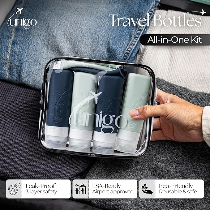 unigo Travel Bottles For Toiletries, 3.oz TSA Approved Containers, Travel Size Toiletries, Shampoo and Conditioner Bottles, Leak Proof and Refillable Bottles, Extra Bottle Covers (White,Black)