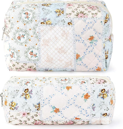 2Pcs Cotton Quilted Makeup Bag for Women Girls Coquette Small Floral Cosmetic Bags Cute Zipper Pencil Pouch Aesthetic Makeup Pouch Trendy Cloth Bee&Flower Travel Toiletry Skincare Bag