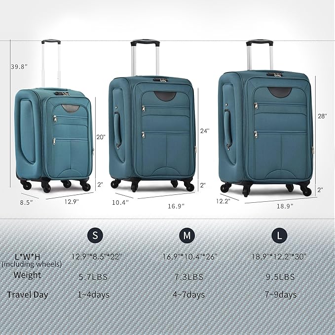 Merax Luggage Set, Softside Suitcase 3 Piece, Expandable Lightweight Luggage Sets with Duffel Bag 22" 26" 30" Suitcase with Wheels TSA Lock,Blue Green