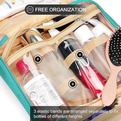 Travel Hanging Toiletry Bag for Women, with Jewelry Organizer Compartment, Medium Waterproof Hanging Makeup Accessories, Cosmetic Essentials, Toiletries Dopp Kit Set with Trolley Belt, Blue