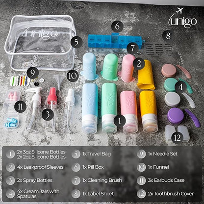 Unigo 30pack Full Set TSA Approved Travel Bottles, Travel Size Containers for Toiletries, Refillable Leakproof Travel Shampoo and Conditioner Bottles, Toiletry Containers,Extra Bottle Sleeves, (A-set)
