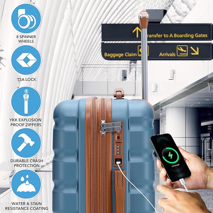 Flight Knight 24x16x10 Expandable Carry On Suitcase Hardside TSA Lock USB C Lightweight Luggage Silent Double Spinner Wheels Maximum Overhead Carry-On Bag For Virgin & South West Approved Airlines