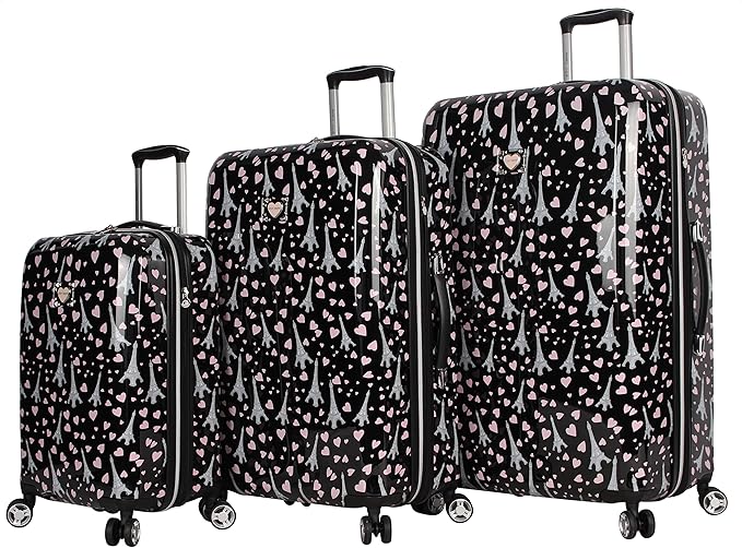 Betsey Johnson Designer Luggage Collection - Expandable 3 Piece Hardside Lightweight Spinner Suitcase Set - Travel Set includes 20-Inch Carry On, 26 inch and 30-Inch Checked Suitcase (Paris Love)