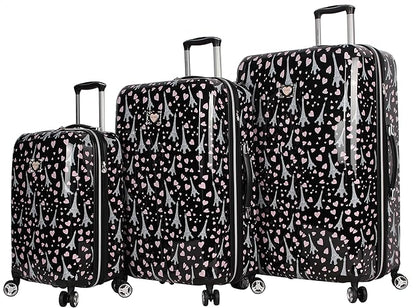 Betsey Johnson Designer Luggage Collection - Expandable 3 Piece Hardside Lightweight Spinner Suitcase Set - Travel Set includes 20-Inch Carry On, 26 inch and 30-Inch Checked Suitcase (Paris Love)