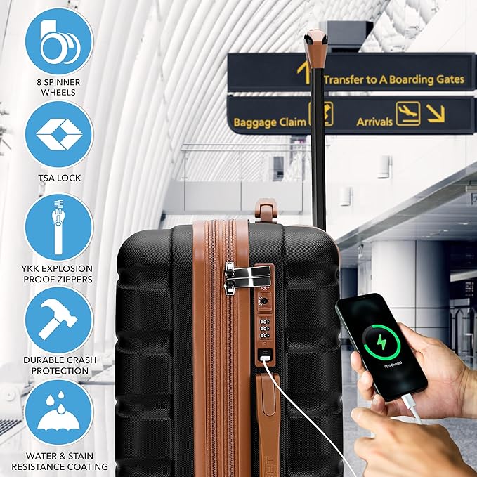 Flight Knight 22x14x9 Expandable Carry On Suitcase Hardside TSA Lock USB C Port Lightweight Luggage Silent Double Spinner Wheels Maximum Overhead Carry-On Bag For American & United Approved Airlines