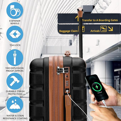 Flight Knight 22x14x9 Expandable Carry On Suitcase Hardside TSA Lock USB C Port Lightweight Luggage Silent Double Spinner Wheels Maximum Overhead Carry-On Bag For American & United Approved Airlines
