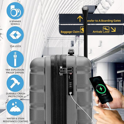 Flight Knight 21.5x15.5x9" Expandable Carry On Suitcase Hardside TSA Lock & USB C Port Lightweight Luggage Silent Double Spinner Wheels Maximum Canada Air Overhead Carry-On Bag Many Airlines Approved