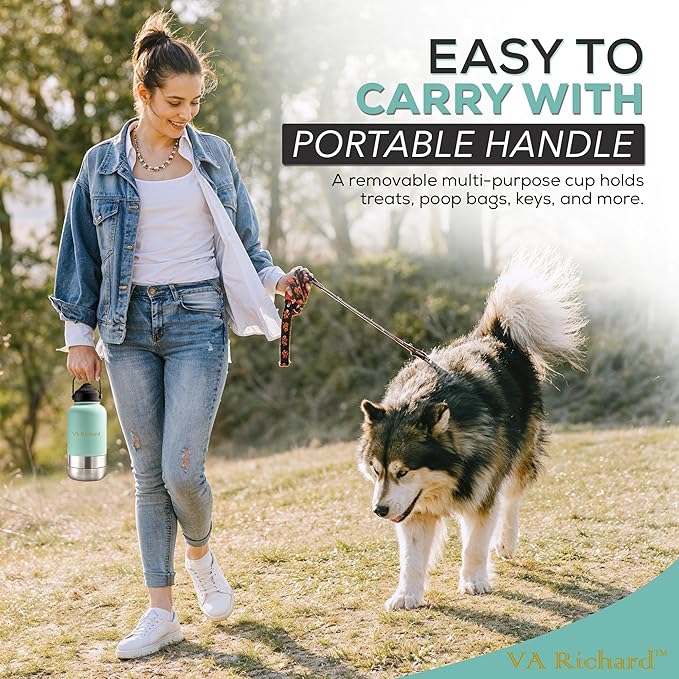 32oz Stainless Steel Dog Water Bottle, 3 in 1 Double-Walled Insulated, with 2 Bowls & 2 Different Leak-Proof Lids, Portable Travel Water Bottle for Pet & Humans, BPA-Free, Ideal for Walking & Outdoor