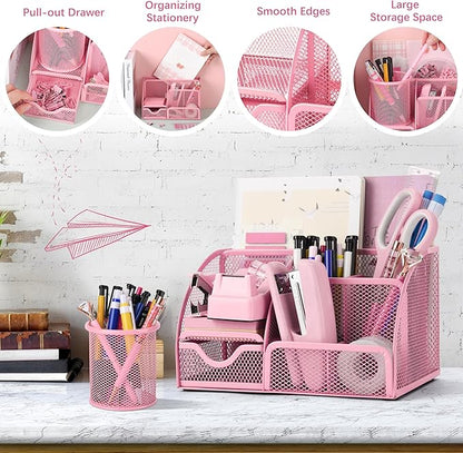 Fayoo 11 Pcs Pink Office Supplies Set Mesh Desk Organizer Accessories Kit include Stapler Tape Dispenser Staple Remover Clips Ruler Scissors Sticky Notes for Office School Home Women (Pink)