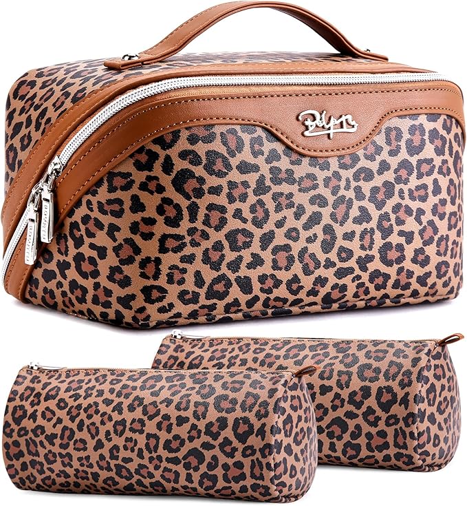 BOYATU Travel Makeup Bag for Women: 3 Pcs Set Portable Make up Bags with Handle - Leopard Print Cosmetic Bags with Comparments - Waterproof Vegan Leather Toiletry Bag (01-A-Brown)