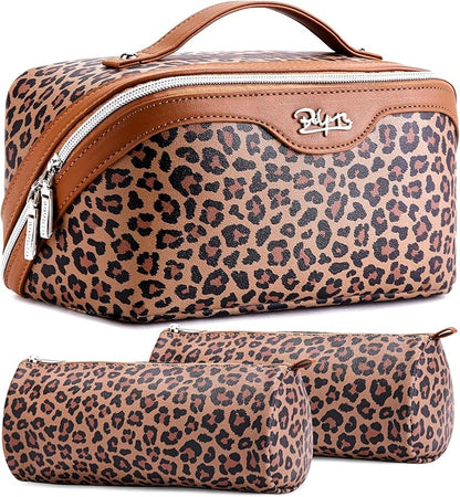 BOYATU Travel Makeup Bag for Women: 3 Pcs Set Portable Make up Bags with Handle - Leopard Print Cosmetic Bags with Comparments - Waterproof Vegan Leather Toiletry Bag (01-A-Brown)