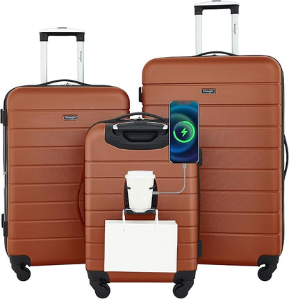 Wrangler Smart Luggage Set with Cup Holder and USB Port, Burnt Orange, 3 Piece