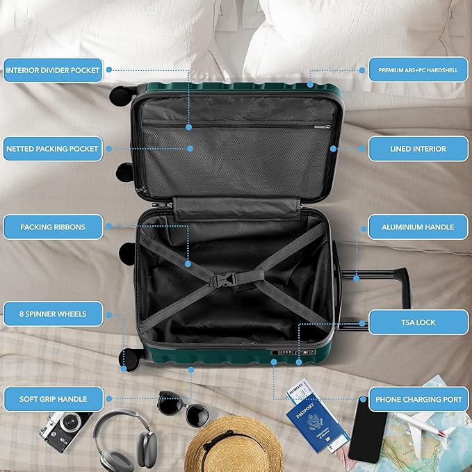Flight Knight 21.5x15.5x9" Expandable Carry On Suitcase Hardside TSA Lock & USB C Port Lightweight Luggage Silent Double Spinner Wheels Maximum Canada Air Overhead Carry-On Bag Many Airlines Approved