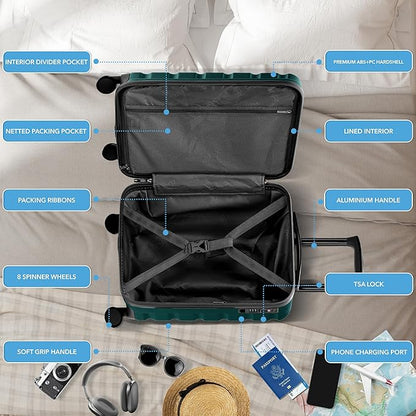 Flight Knight 21.5x15.5x9" Expandable Carry On Suitcase Hardside TSA Lock & USB C Port Lightweight Luggage Silent Double Spinner Wheels Maximum Canada Air Overhead Carry-On Bag Many Airlines Approved