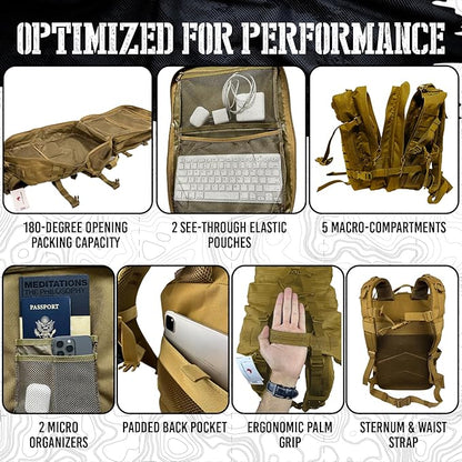 AMERICANPHOENIX 45L Elite Tactical Backpack | 3X Stronger Work & Military Backpack | Water Resistant and Heavy Duty | 3 Day MOLLE Bug Out Bag (Dune Brown)