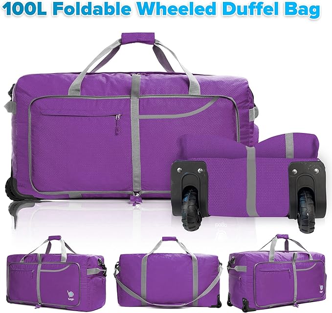 Bago Rolling Duffle Bag with Wheels - 30" 100L Foldable Weekender Bag, Waterproof Travel Duffel Bag, Heavy Duty lightWeight Duffle Bag for Traveling, Rolling Duffel Bag with Wheels (Purple2023)