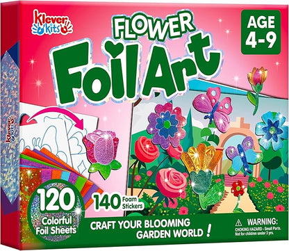 Klever Kits Foil Art Kit for Kids - Arts & Crafts Supplies, Mess Free Coloring, Flowers & Butterflies Foil Foam Stickers, Creative Travel Toys, Birthday Gifts for Boys & Girls Ages 4 and Up