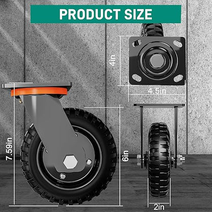 6 Inch Caster Wheels Set of 2 (2 Swivel), 660lb Total Capacity, Heavy Duty Plate Casters with Solid Rubber Knobby Tread for Workbench, Cart, Dolly, Trolley, Wagon, and Outdoor Use