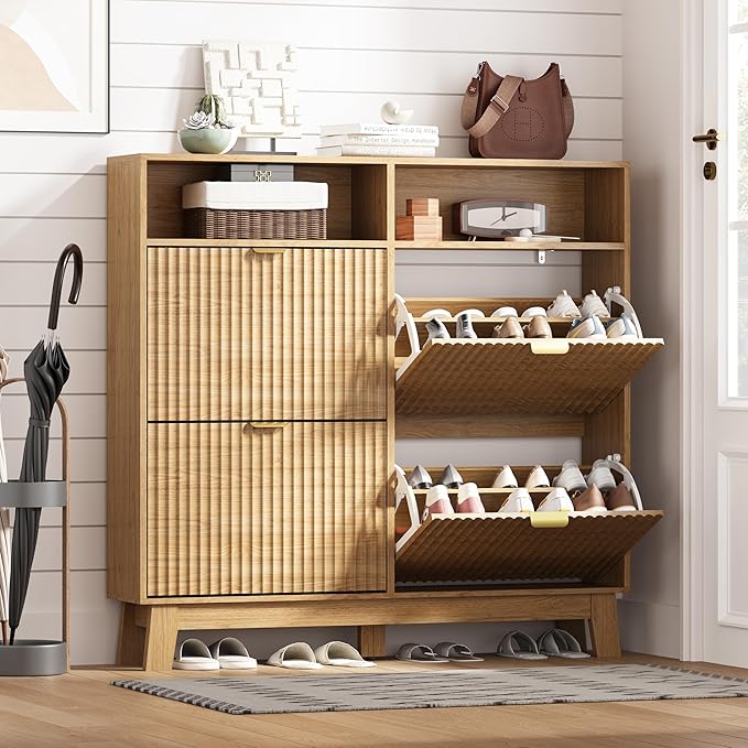 Shoe Cabinet Storage for Entryway with 4 Flip Drawers, Fluted Narrow Shoe Organizer with Wooden Legs & Top Cubby, Freestanding Slim Shoe Storage Hidden Shoe Rack for Front Door Entrance, Oak