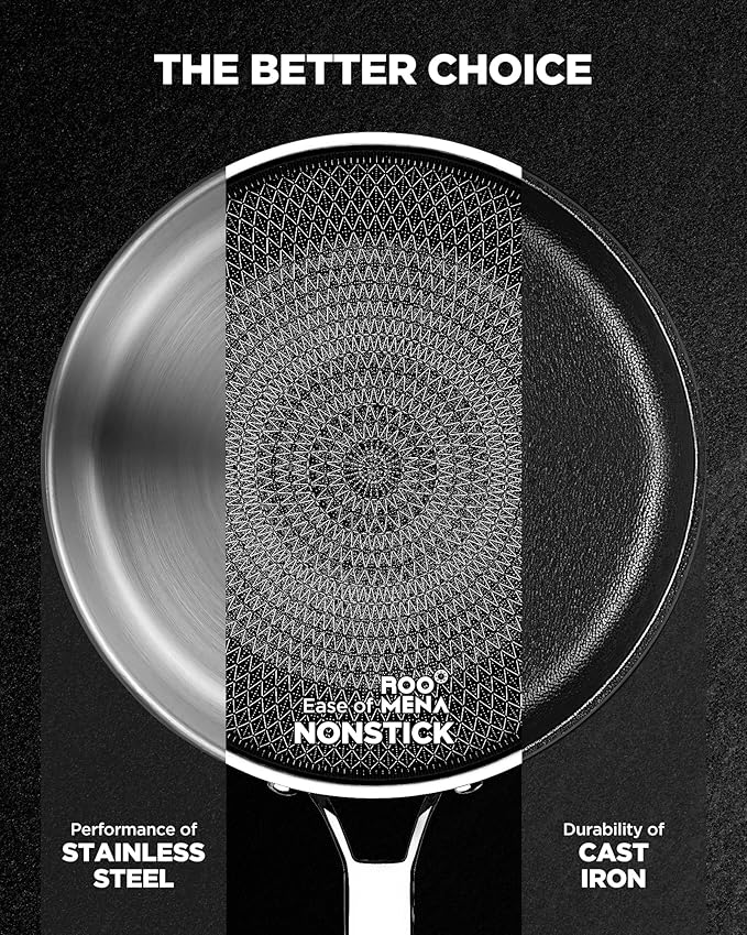 Non Stick Frying Pans Hybrid Ceramic With Lid, 12 Inch Tri-Ply Stainless Steel Skillet, Non-Toxic, PFAS/PFOA/PTFE Free, Metal Utensil Safe, Dishwasher & Oven Safe,Induction Compatible