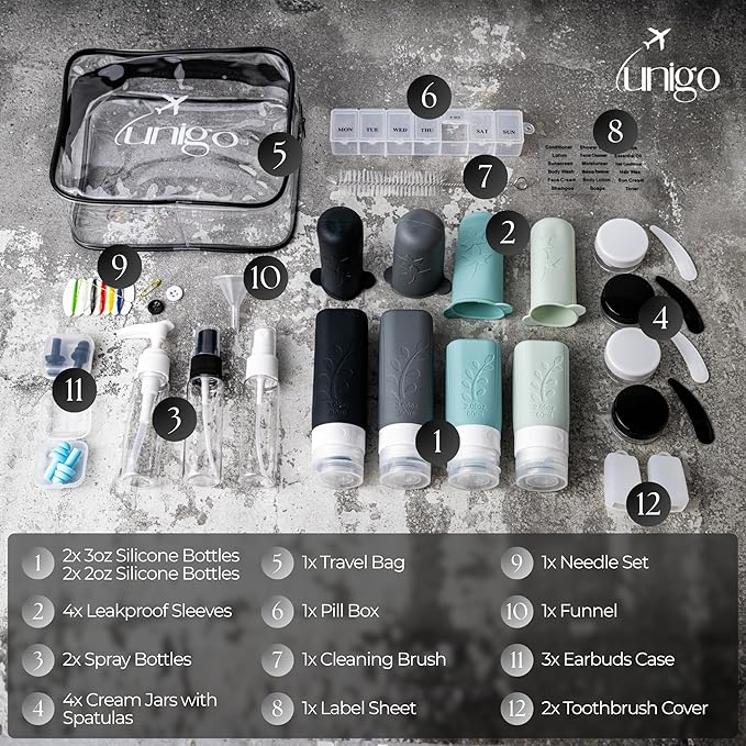 unigo 30pack Full Set TSA Approved Travel Bottles for toiletries, Travel Size Containers for Toiletries, Refillable Leakproof Shampoo and Conditioner Bottles, Toiletry Containers (Gray)