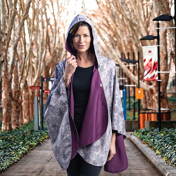 RainCaper Rain Poncho for Women - Reversible Rainproof Hooded Cape in Gorgeous Ultrasoft Colors (Plum/Wm Morris Hyacinth)