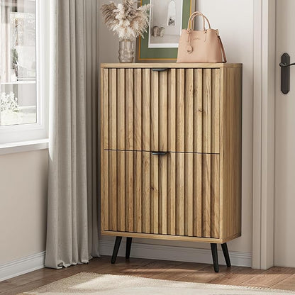 Shoe Storage Cabinet, Fluted Shoe Cabinet Storage for Entryway, Hidden Shoe Cabinet with Metal Legs,Shoe Organizer Cabinet with Flip Doors, Slim Entryway Shoe Storage Cabinet,Natural Wood-23.5in