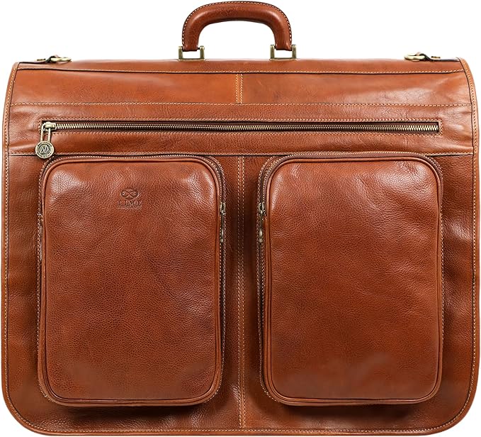 Time Resistance Leather Garment Bag - Slim Suit Duffel Carry-On Suitcase for Dress Protection (Cognac Brown)