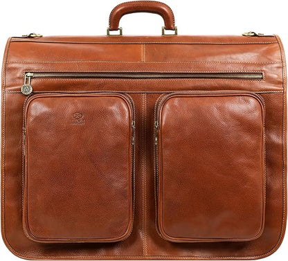 Time Resistance Leather Garment Bag - Slim Suit Duffel Carry-On Suitcase for Dress Protection (Cognac Brown)