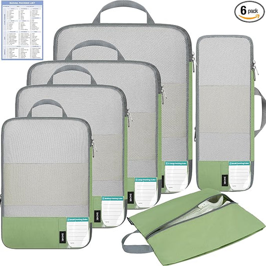 BAGAIL 6 Set Lightweight Compression Packing Cubes with Packing List, Anti-Tearing Expandable Organizer Bags for Travel, Matcha Green