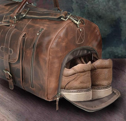 24 Inch Genuine Leather Duffle Bag for Men Travel Overnight Weekender Leather Duffel Bags Sports Gym Duffel for Men and Women Carry On Luggage for Traveling