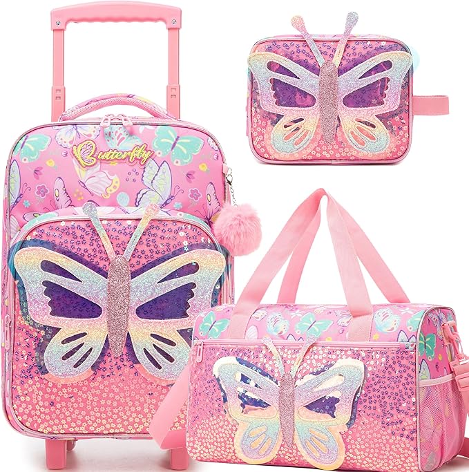 Kids Pink Butterfly Luggage with Wheels Suitcases Travel Softside Suitcases 16" Carry on Suitcase with Duffle Bag Luggage Sets Airline Approved