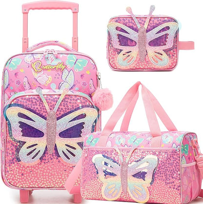 Kids Pink Butterfly Luggage with Wheels Suitcases Travel Softside Suitcases 16" Carry on Suitcase with Duffle Bag Luggage Sets Airline Approved