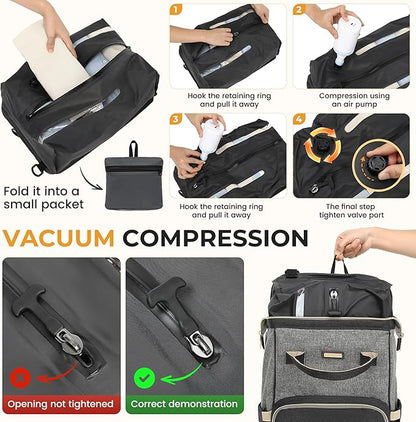 Vacuum Compression Diaper Bag, Expandable Waterproof Baby Travel Backpack with Insulated Pockets, Wet-Dry Separation, and Detachable Airtight Bag (Vacuum Pump Included)