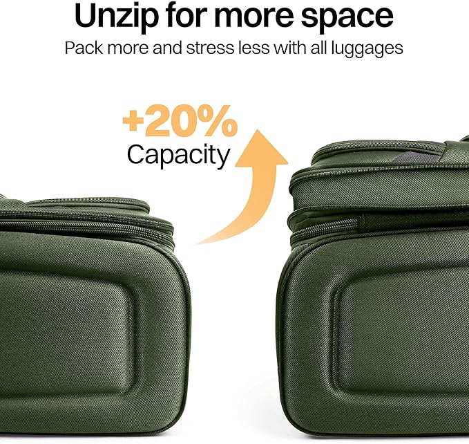 2-Piece Set Front Opening,Softside Luggage Sets w/Double Spinner Wheels Expandable Luggage,Lightweight Travel Luggage Rolling Suitcase w/LOCK（Green-Grey,20in/28in）