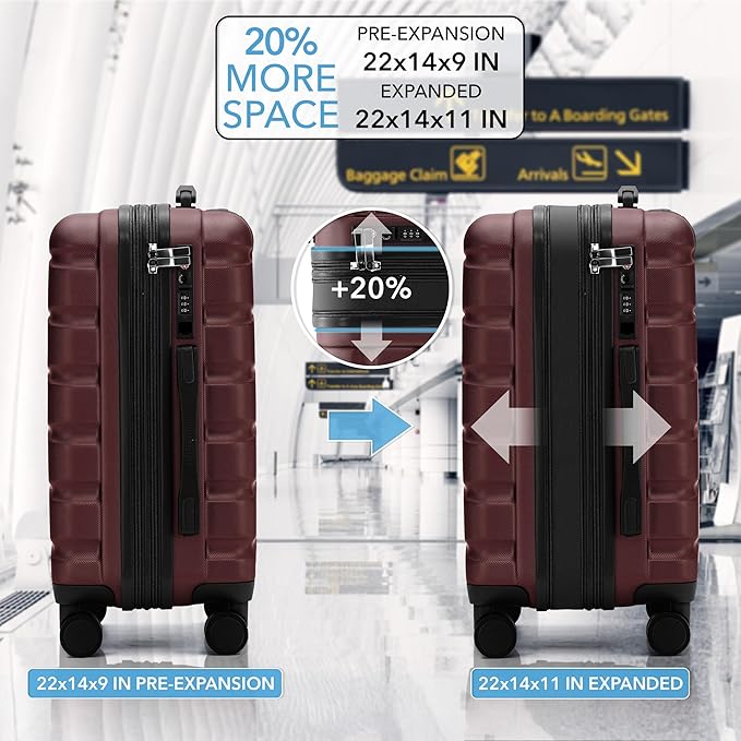 Flight Knight 22x14x9" Expandable Carry On Suitcase Hardside TSA Lock USB C Port Lightweight Luggage Silent Double Spinner Wheels Maximum Overhead Carry-On Bag For American & United Approved Airlines