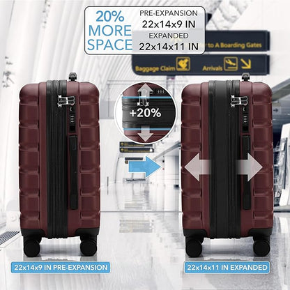 Flight Knight 22x14x9" Expandable Carry On Suitcase Hardside TSA Lock USB C Port Lightweight Luggage Silent Double Spinner Wheels Maximum Overhead Carry-On Bag For American & United Approved Airlines