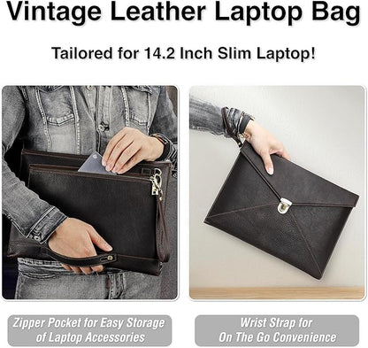 Top Grain Leather 14.2" Slim Laptop Bag Case, Envelope Style, Removable Wristlet & 3 Pockets, Fits MacBook Pro 14 Inch 2021 2022 M1 Pro/M1 Max A2442 & Other Laptop, Black Coffee 14.2 Inch