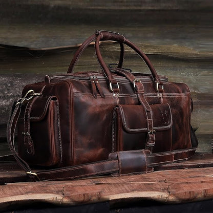 Leather Farm Travel Duffel Bags for Men & Women - Premium 24" Mens Weekender Overnight Gym Bag, Carry-On Luggage with Spacious Compartments, Stylish Leather Duffel Bag for Airplane, Sports & Trips