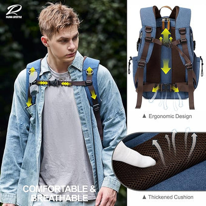 Padwa Lifestyle Blue Camera Backpack - Professional DSLR & UAV Camera Bag,Anti Theft Canvas Camera Backpack with Rain Cover,Large Capacity Photography Travel Camera Bag with Multi Compartments
