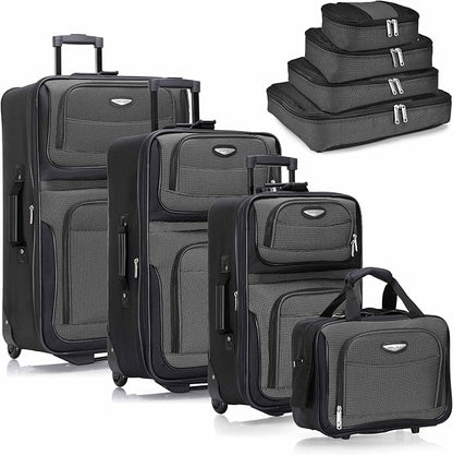 Travel Select Amsterdam Softside Expandable Luggage with Rolling Wheels, Gray, 8-Piece Set (15/21/25/29) with Packing Cubes