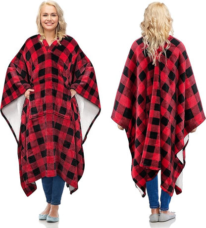Catalonia Sherpa Wearable Blanket Poncho for Adult Women Men, Wrap Blanket Cape with Pocket, Warm, Soft, Cozy, Snuggly, Comfort Gift, No Sleeves, Plaid Buffalo Christmas
