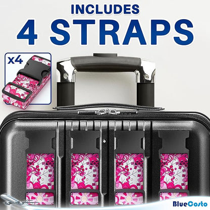 Luggage Straps for Suitcases - TSA Approved - Pink Geometric, 4 PK - Premium Belts for Suitcase, Briefcase & Travel Bag - Adjustable Strap Length 41" - 78"