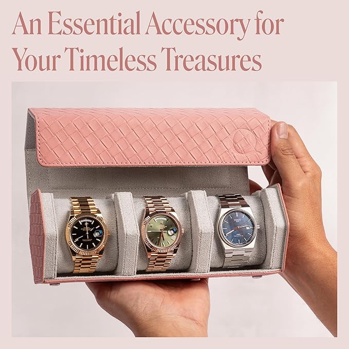 QWATCHBANDS Ladies Leather Watch Rolls for Women - Hexagon Triple Watch Roll Travel Case for 3 Watches - Storage Organizer Genuine Leather with Velvet Interior Display (Woven Pink/Gray)