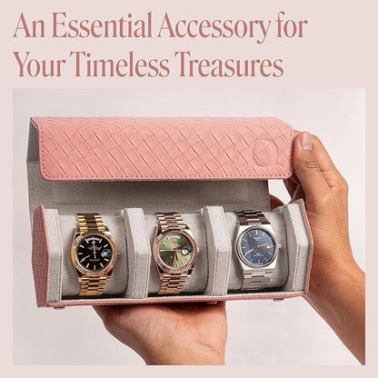 QWATCHBANDS Ladies Leather Watch Rolls for Women - Hexagon Triple Watch Roll Travel Case for 3 Watches - Storage Organizer Genuine Leather with Velvet Interior Display (Woven Pink/Gray)