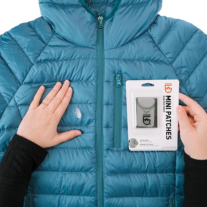GEAR AID Tenacious Tape Mini Patches with Peel-and-Stick Adhesive to Fix Holes and Tears in Winter Gear, Down Puffer Jackets, Sleeping Bags, Tents, and Rain Gear, Black and Clear