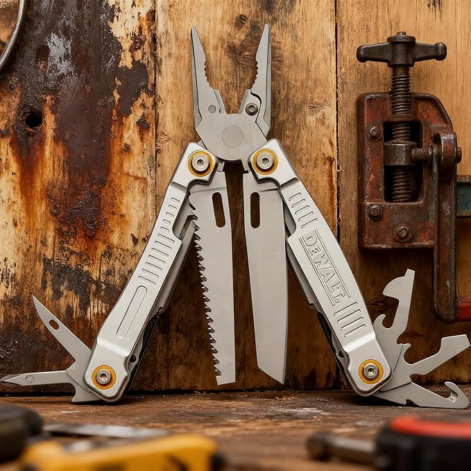 DEWALT 12-in-1 Multi-Tool with Pliers, Knife, Saw, Screwdrivers, Bottle & Can Opener – Stainless Steel Folding Pocket Tool with Sheath & Belt Clip for Construction, Trades & Jobsite Use