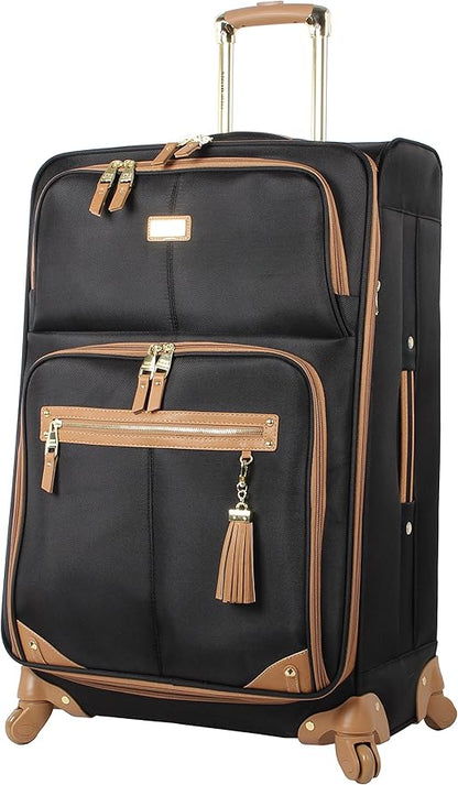 Steve Madden Designer Luggage - Checked Large 28 Inch Softside Suitcase - Expandable for Extra Packing Capacity - Lightweight Bag with Rolling Spinner Wheels, Harlo Black, 28in