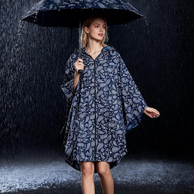 Hooded Rain Ponchos for Adult - Rain Coat and Rain Jacket with Waterproof Pocket and Zipper